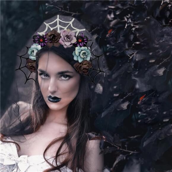 Halloween Spider Web Flower Crown Headband – Day of the Dead Floral Headpiece - Picture 1 of 3